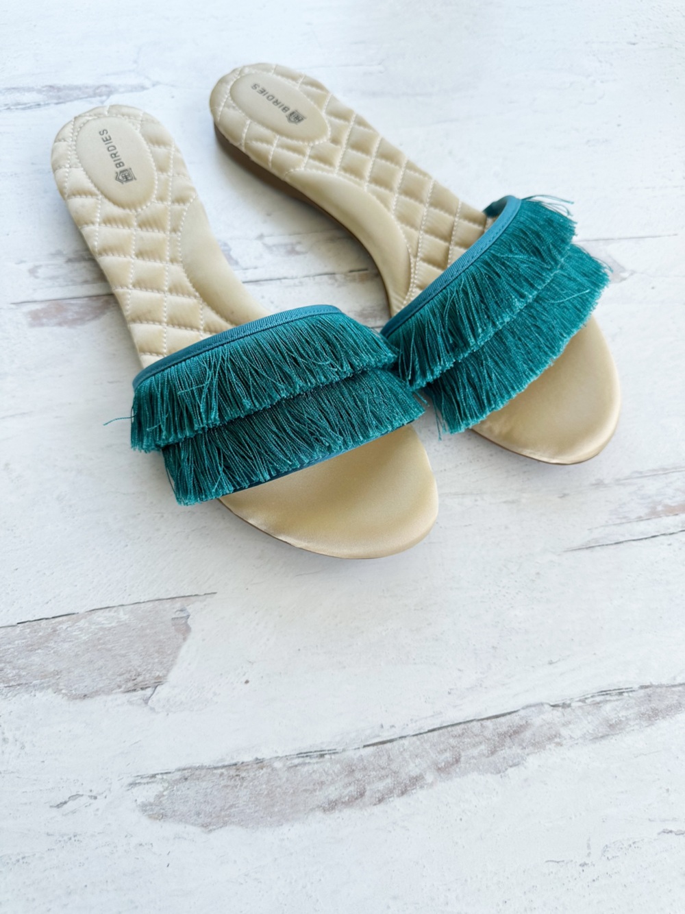 Birdies • The Sparrow Fringe Slide Sandals in Teal